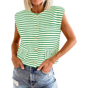 imageCicy Bell Womens Striped Vest Summer Casual Button Down Cap Sleeve Tank Tops Crew Neck Sleeveless CardiganGreen