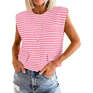 imageCicy Bell Womens Striped Vest Summer Casual Button Down Cap Sleeve Tank Tops Crew Neck Sleeveless CardiganPink