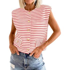 imageCicy Bell Womens Striped Vest Summer Casual Button Down Cap Sleeve Tank Tops Crew Neck Sleeveless CardiganRed