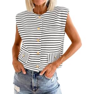 imageCicy Bell Womens Striped Vest Summer Casual Button Down Cap Sleeve Tank Tops Crew Neck Sleeveless CardiganWhite