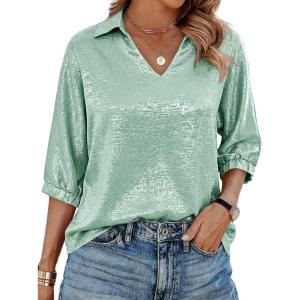 imageCicy Bell Womens Summer 34 Sleeve Tops Casual Collared V Neck Loose Blouse Retro Metallic Shiny T ShirtsGreen