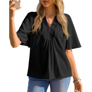imageCicy Bell Womens Summer Blouses Bell Short Sleeve V Neck Babydoll Flowy Tops Dressy Casual Loose Fit Beach Pleated ShirtsBlack