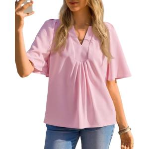 imageCicy Bell Womens Summer Blouses Bell Short Sleeve V Neck Babydoll Flowy Tops Dressy Casual Loose Fit Beach Pleated ShirtsPink