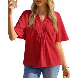 imageCicy Bell Womens Summer Blouses Bell Short Sleeve V Neck Babydoll Flowy Tops Dressy Casual Loose Fit Beach Pleated ShirtsRed