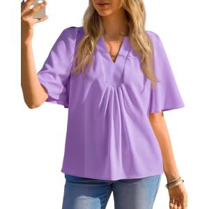 imageCicy Bell Womens Summer Blouses Bell Short Sleeve V Neck Babydoll Flowy Tops Dressy Casual Loose Fit Beach Pleated ShirtsViolet
