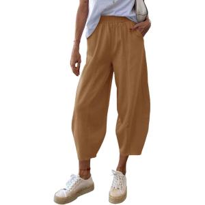 imageCicy Bell Womens Summer High Waisted Baggy Pants Casual Cotton Harem Capris Slacks with PocketsBrown