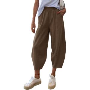 imageCicy Bell Womens Summer High Waisted Baggy Pants Casual Cotton Harem Capris Slacks with PocketsCoffee