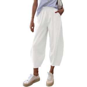 imageCicy Bell Womens Summer High Waisted Baggy Pants Casual Cotton Harem Capris Slacks with PocketsWhite