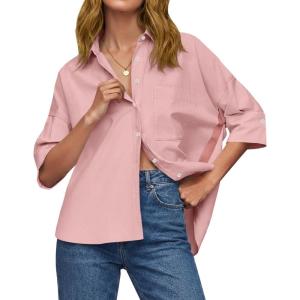 imageCicy Bell Womens Summer Oversized Button Down Shirts Half Sleeve V Neck Business Casual High Low Tops Loose Fit BlousesPink