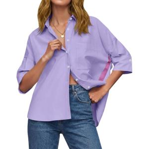 imageCicy Bell Womens Summer Oversized Button Down Shirts Half Sleeve V Neck Business Casual High Low Tops Loose Fit BlousesPurple
