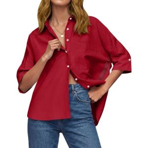 imageCicy Bell Womens Summer Oversized Button Down Shirts Half Sleeve V Neck Business Casual High Low Tops Loose Fit BlousesRed