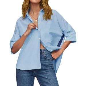 imageCicy Bell Womens Summer Oversized Button Down Shirts Half Sleeve V Neck Business Casual High Low Tops Loose Fit BlousesSky Blue