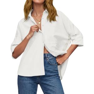 imageCicy Bell Womens Summer Oversized Button Down Shirts Half Sleeve V Neck Business Casual High Low Tops Loose Fit BlousesWhite