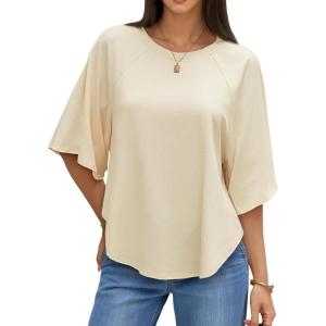 imageCicy Bell Womens Summer Oversized Tshirts Crew Neck Half Sleeve Casual Tops Flowy Irregular Hem TeesBeige