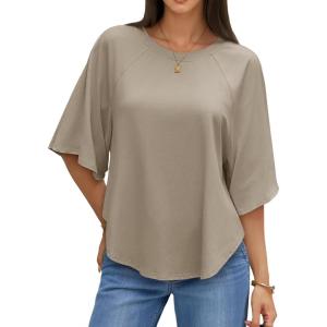 imageCicy Bell Womens Summer Oversized Tshirts Crew Neck Half Sleeve Casual Tops Flowy Irregular Hem TeesKhaki