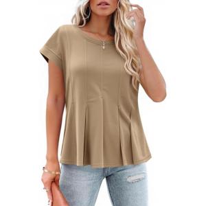 imageCicy Bell Womens Summer Peplum Blouse Casual Dressy Cap Sleeve Pleated Tops Ribbed Knit Crew Neck ShirtsKhaki