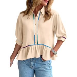 imageCicy Bell Womens Summer Peplum Blouses Half Sleeve Button Down Shirts Casual V Neck Ruffle TopsBeige