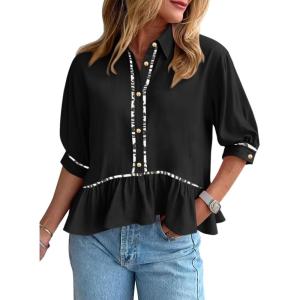 imageCicy Bell Womens Summer Peplum Blouses Half Sleeve Button Down Shirts Casual V Neck Ruffle TopsBlack