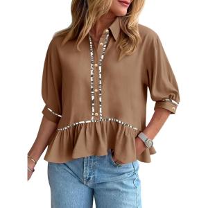 imageCicy Bell Womens Summer Peplum Blouses Half Sleeve Button Down Shirts Casual V Neck Ruffle TopsBrown
