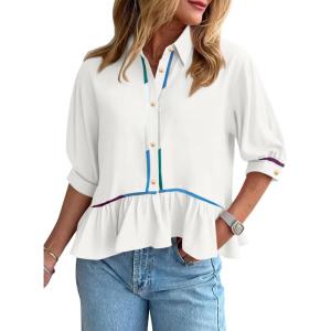 imageCicy Bell Womens Summer Peplum Blouses Half Sleeve Button Down Shirts Casual V Neck Ruffle TopsWhite