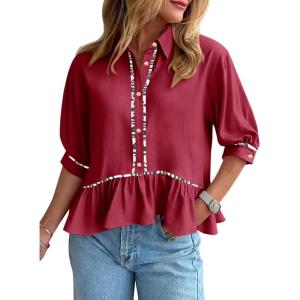 imageCicy Bell Womens Summer Peplum Blouses Half Sleeve Button Down Shirts Casual V Neck Ruffle TopsWine