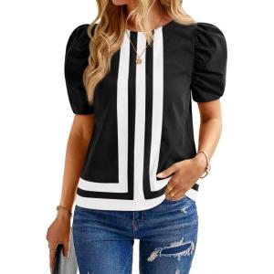 imageCicy Bell Womens Summer Puff Sleeve Blouses Striped Color Block Cropped Tops Casual Round Neck ShirtsBlack