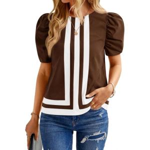 imageCicy Bell Womens Summer Puff Sleeve Blouses Striped Color Block Cropped Tops Casual Round Neck ShirtsBrown