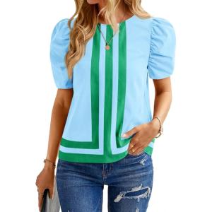 imageCicy Bell Womens Summer Puff Sleeve Blouses Striped Color Block Cropped Tops Casual Round Neck ShirtsLight Blue