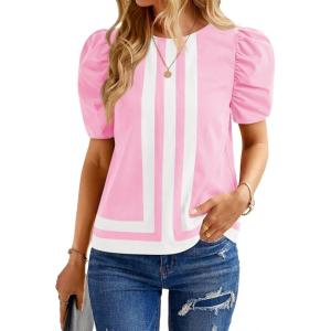 imageCicy Bell Womens Summer Puff Sleeve Blouses Striped Color Block Cropped Tops Casual Round Neck ShirtsPink