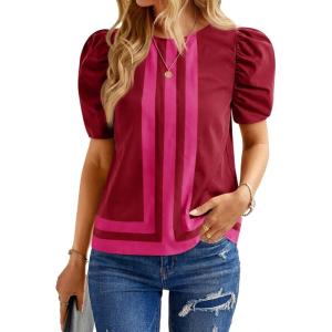 imageCicy Bell Womens Summer Puff Sleeve Blouses Striped Color Block Cropped Tops Casual Round Neck ShirtsWine Red