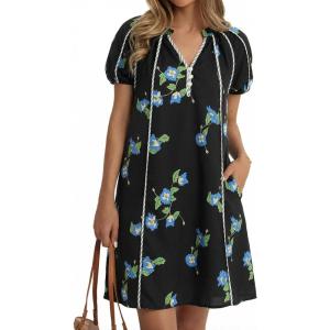 imageCicy Bell Womens Summer Puff Sleeve Mini Dresses Floral Print Ruffle Button V Neck Dress Loose Fit Patchwork Beach OutfitsBlack