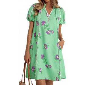 imageCicy Bell Womens Summer Puff Sleeve Mini Dresses Floral Print Ruffle Button V Neck Dress Loose Fit Patchwork Beach OutfitsLight Green