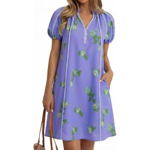 imageCicy Bell Womens Summer Puff Sleeve Mini Dresses Floral Print Ruffle Button V Neck Dress Loose Fit Patchwork Beach OutfitsPurple