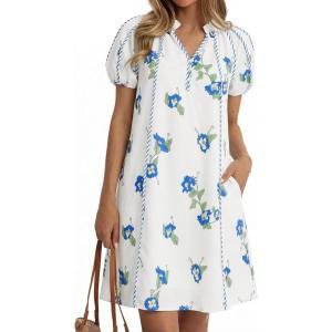 imageCicy Bell Womens Summer Puff Sleeve Mini Dresses Floral Print Ruffle Button V Neck Dress Loose Fit Patchwork Beach OutfitsWhite