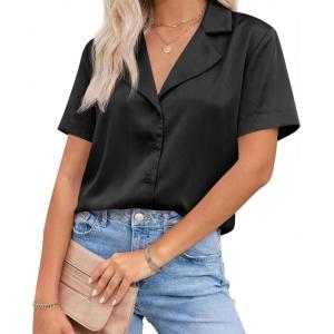 imageCicy Bell Womens Summer Satin Button Down Shirts Silk Short Sleeve V Neck Casual Dressy Tops Loose Fit Collared Work BlouseBlack