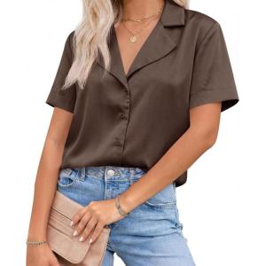 imageCicy Bell Womens Summer Satin Button Down Shirts Silk Short Sleeve V Neck Casual Dressy Tops Loose Fit Collared Work BlouseBrown