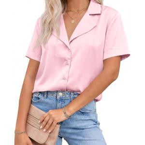 imageCicy Bell Womens Summer Satin Button Down Shirts Silk Short Sleeve V Neck Casual Dressy Tops Loose Fit Collared Work BlousePink