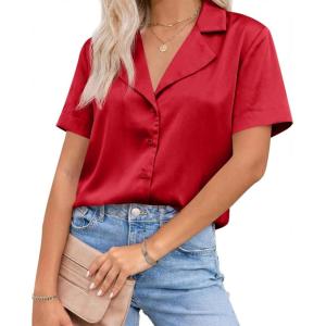 imageCicy Bell Womens Summer Satin Button Down Shirts Silk Short Sleeve V Neck Casual Dressy Tops Loose Fit Collared Work BlouseRed