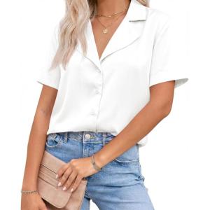 imageCicy Bell Womens Summer Satin Button Down Shirts Silk Short Sleeve V Neck Casual Dressy Tops Loose Fit Collared Work BlouseWhite