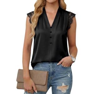 imageCicy Bell Womens Summer Silk Satin Tank Tops Lace Cap Sleeve V Neck Casual Dressy Shirt Loose Fit Button Work BlouseBlack