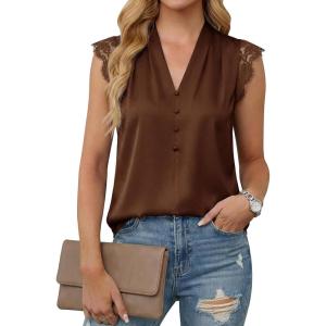 imageCicy Bell Womens Summer Silk Satin Tank Tops Lace Cap Sleeve V Neck Casual Dressy Shirt Loose Fit Button Work BlouseBrown