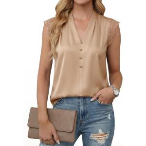 imageCicy Bell Womens Summer Silk Satin Tank Tops Lace Cap Sleeve V Neck Casual Dressy Shirt Loose Fit Button Work BlouseCamel