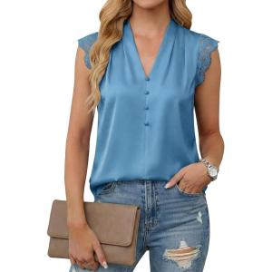 imageCicy Bell Womens Summer Silk Satin Tank Tops Lace Cap Sleeve V Neck Casual Dressy Shirt Loose Fit Button Work BlouseLake Blue