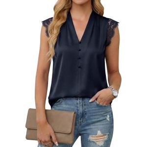 imageCicy Bell Womens Summer Silk Satin Tank Tops Lace Cap Sleeve V Neck Casual Dressy Shirt Loose Fit Button Work BlouseNavy