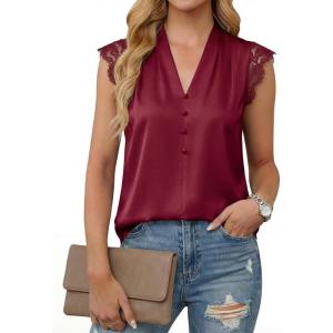 imageCicy Bell Womens Summer Silk Satin Tank Tops Lace Cap Sleeve V Neck Casual Dressy Shirt Loose Fit Button Work BlouseRed