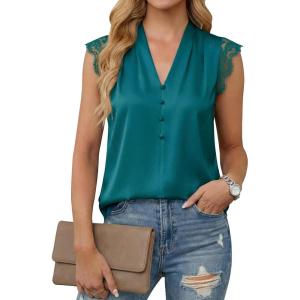 imageCicy Bell Womens Summer Silk Satin Tank Tops Lace Cap Sleeve V Neck Casual Dressy Shirt Loose Fit Button Work BlouseTeal