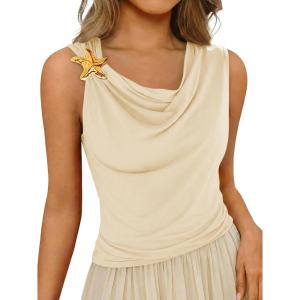 imageCicy Bell Womens Summer Tank Tops Sleeveless Stretchy Ruched Shirts Going Out Y2k Tops with Starfish Metal ButtonBeige