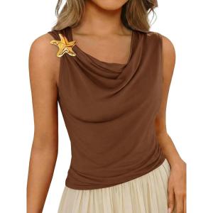 imageCicy Bell Womens Summer Tank Tops Sleeveless Stretchy Ruched Shirts Going Out Y2k Tops with Starfish Metal ButtonLight Coffee