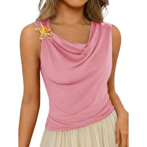 imageCicy Bell Womens Summer Tank Tops Sleeveless Stretchy Ruched Shirts Going Out Y2k Tops with Starfish Metal ButtonPink