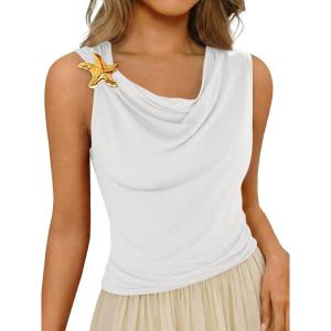 imageCicy Bell Womens Summer Tank Tops Sleeveless Stretchy Ruched Shirts Going Out Y2k Tops with Starfish Metal ButtonWhite